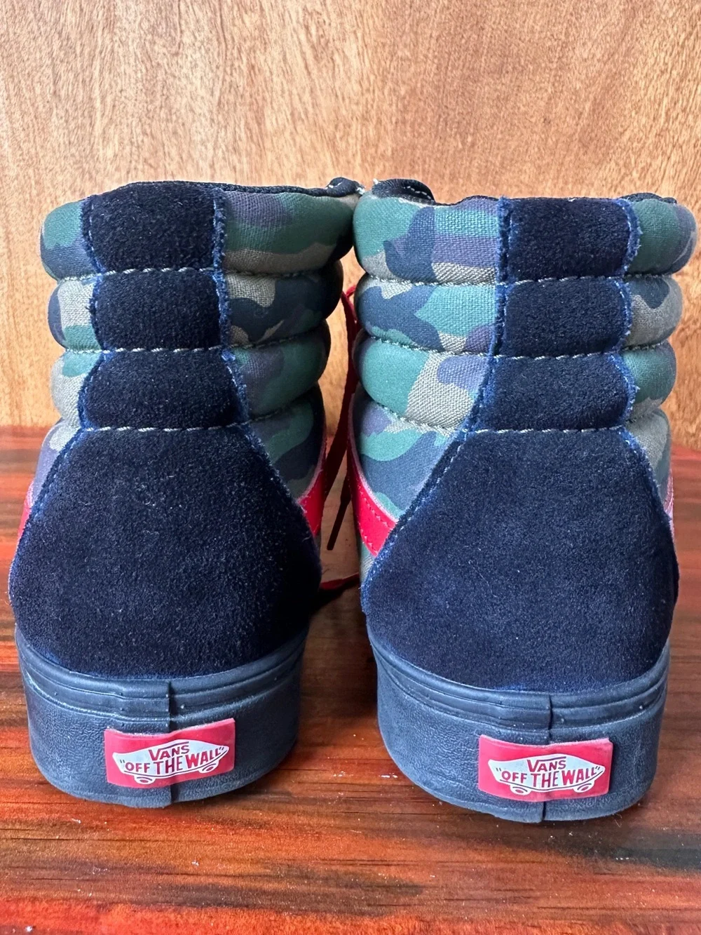 Vans Men’s Custom Camo High-Top Sneakers Red Stripe and Laces- canvas and suede